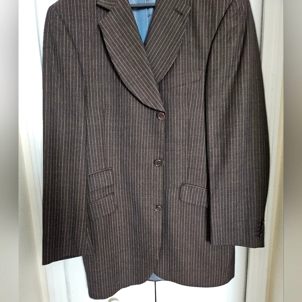 ZE Zanetti Super 140’s Wool Suit Made In Italy Brown Pinstripe Blazer Pant 42.